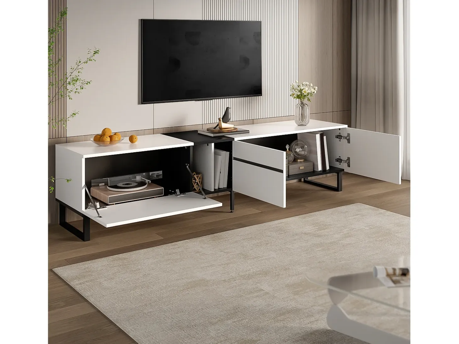 Mueble de TV moderno 180x38x45 cm - 3 puertas - con estantes abiertos - Blanco