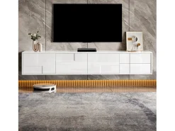 Mueble de TV moderno 170x30x30,5 cm - Fijación a la pared o con patas - Acabado brillante - 3 puertas y 2 cajones - Blanco
