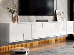 Mueble de TV moderno 170x30x30,5 cm - Fijación a la pared o con patas - Acabado brillante - 3 puertas y 2 cajones - Blanco