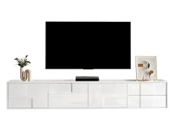 Mueble de TV moderno 170x30x30,5 cm - Fijación a la pared o con patas - Acabado brillante - 3 puertas y 2 cajones - Blanco