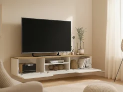 Mueble de TV suspendido con 3 puertas y 1 hueco - Blanco y natural - LOTULA