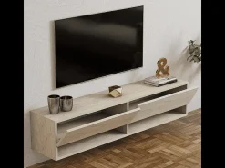 Mueble de TV suspendido con 2 puertas abatibles, decoración travertino L141 cm - ARGES