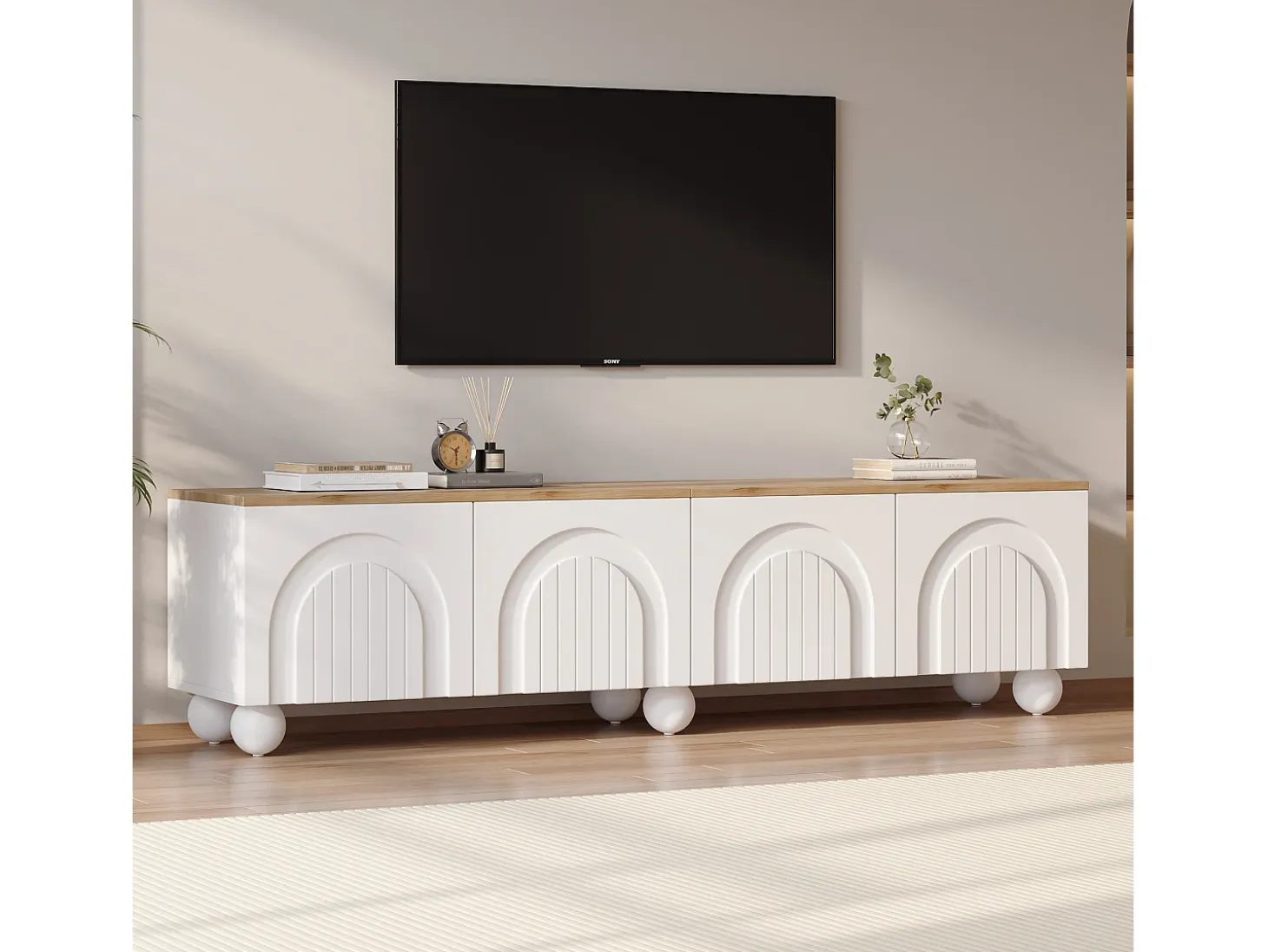 Mueble de TV 180x40x45 cm - 4 puertas - diseño moderno - MDF - Blanco + Natural
