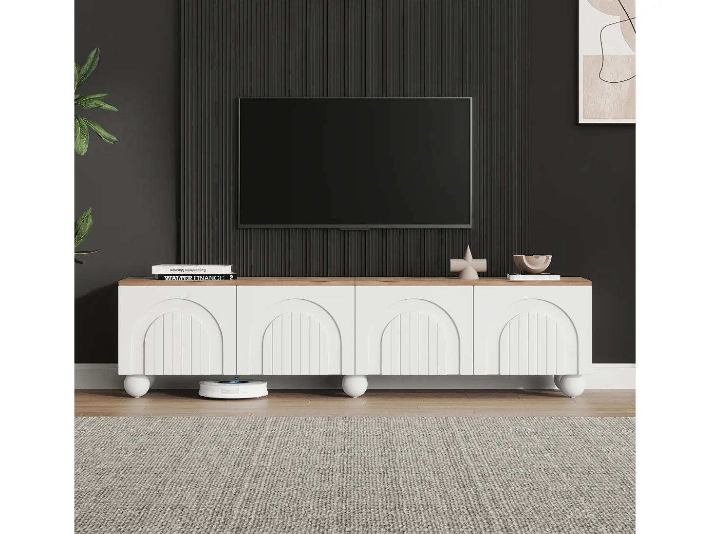 Mueble de TV 180x40x45 cm - 4 puertas - diseño moderno - MDF - Blanco + Natural