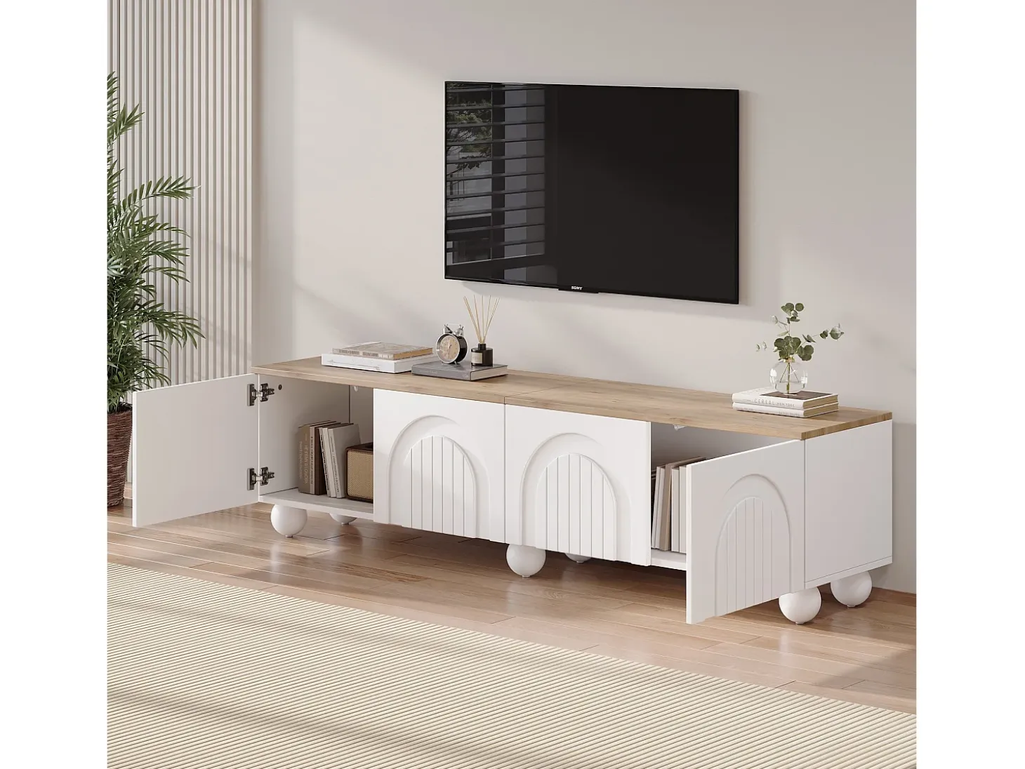 Mueble de TV 180x40x45 cm - 4 puertas - diseño moderno - MDF - Blanco + Natural