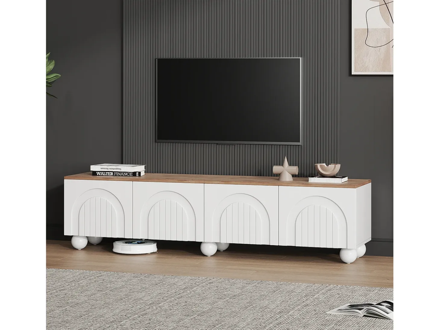 Mueble de TV 180x40x45 cm - 4 puertas - diseño moderno - MDF - Blanco + Natural