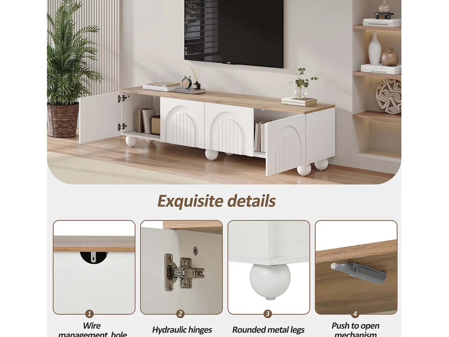Mueble de TV 180x40x45 cm - 4 puertas - diseño moderno - MDF - Blanco + Natural