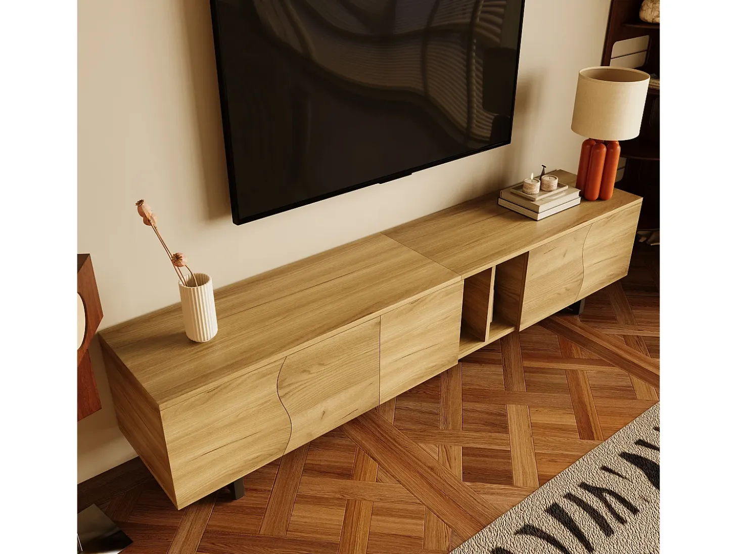 Mueble de TV 191x38x46,5 cm - con 5 puertas - Acabado en madera - MDF + tableros de partículas - Natural