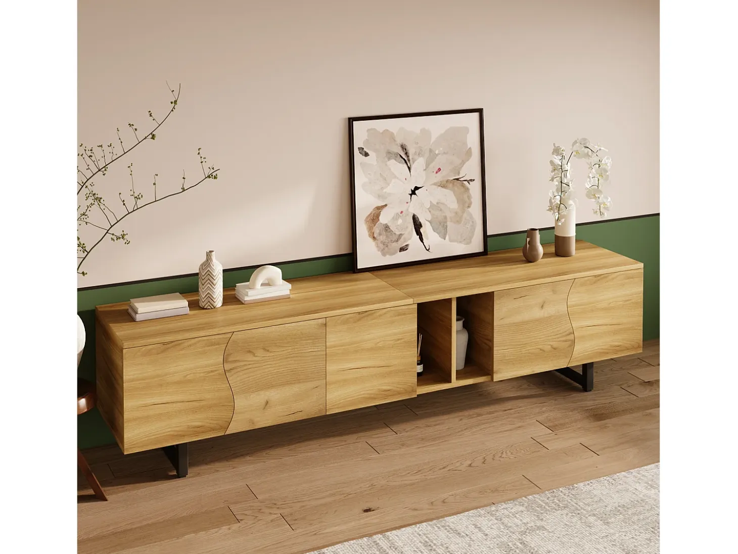 Mueble de TV 191x38x46,5 cm - con 5 puertas - Acabado en madera - MDF + tableros de partículas - Natural