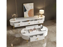 Mueble de TV 174x35x41cm - Mueble bajo con 3 cajones, tiradores y patas doradas, esquinas curvas - en MDF Blanco