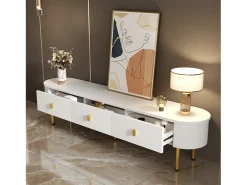 Mueble de TV 174x35x41cm - Mueble bajo con 3 cajones, tiradores y patas doradas, esquinas curvas - en MDF Blanco