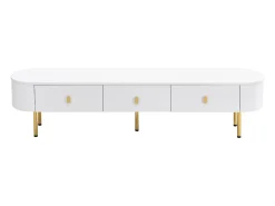 Mueble de TV 174x35x41cm - Mueble bajo con 3 cajones, tiradores y patas doradas, esquinas curvas - en MDF Blanco