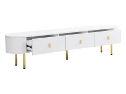 Mueble de TV 174x35x41cm - Mueble bajo con 3 cajones, tiradores y patas doradas, esquinas curvas - en MDF Blanco