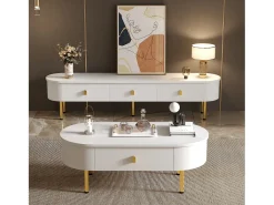 Mueble de TV 174x35x41cm - Mueble bajo con 3 cajones, tiradores y patas doradas, esquinas curvas - en MDF Blanco
