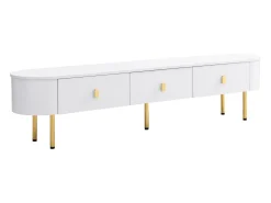 Mueble de TV 174x35x41cm - Mueble bajo con 3 cajones, tiradores y patas doradas, esquinas curvas - en MDF Blanco