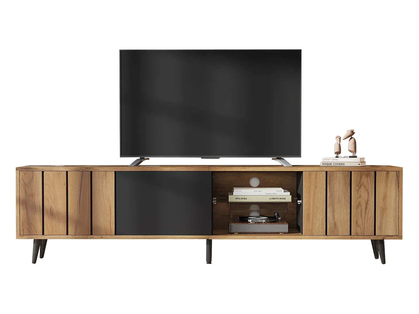 Mueble para TV 175×31,5×45 cm - 3 puertas - Apto para televisor de 75 pulgadas - natural + negro