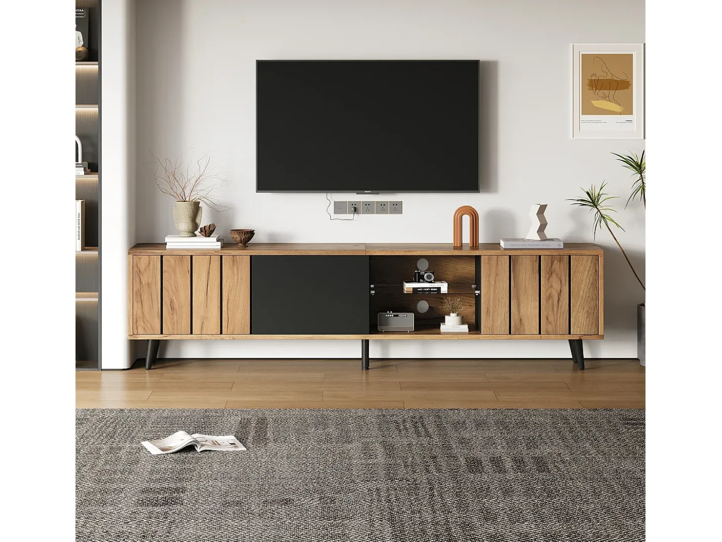 Mueble para TV 175×31,5×45 cm - 3 puertas - Apto para televisor de 75 pulgadas - natural + negro