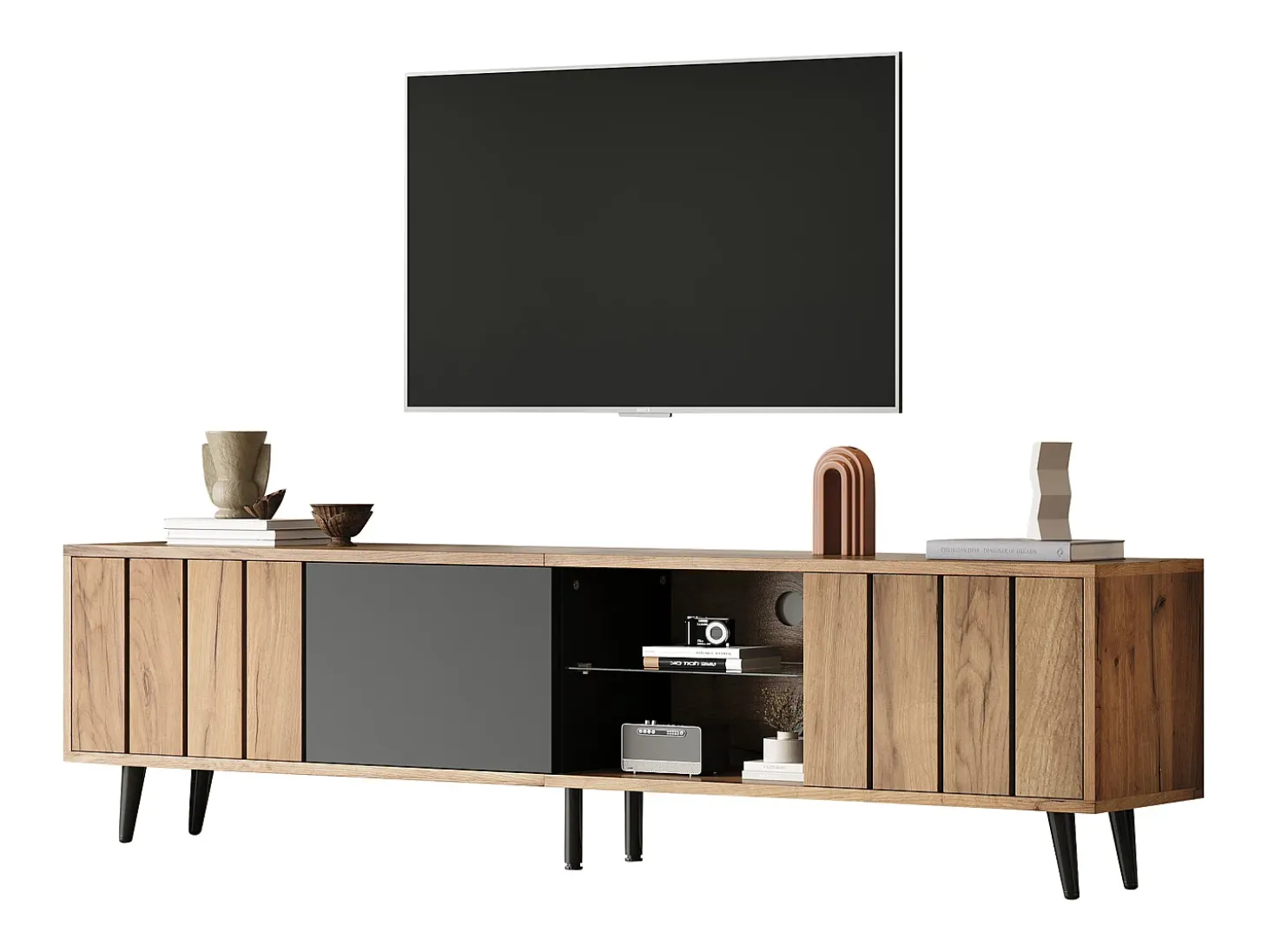 Mueble para TV 175×31,5×45 cm - 3 puertas - Apto para televisor de 75 pulgadas - natural + negro