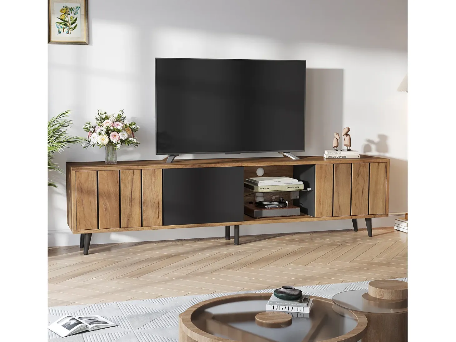Mueble para TV 175×31,5×45 cm - 3 puertas - Apto para televisor de 75 pulgadas - natural + negro