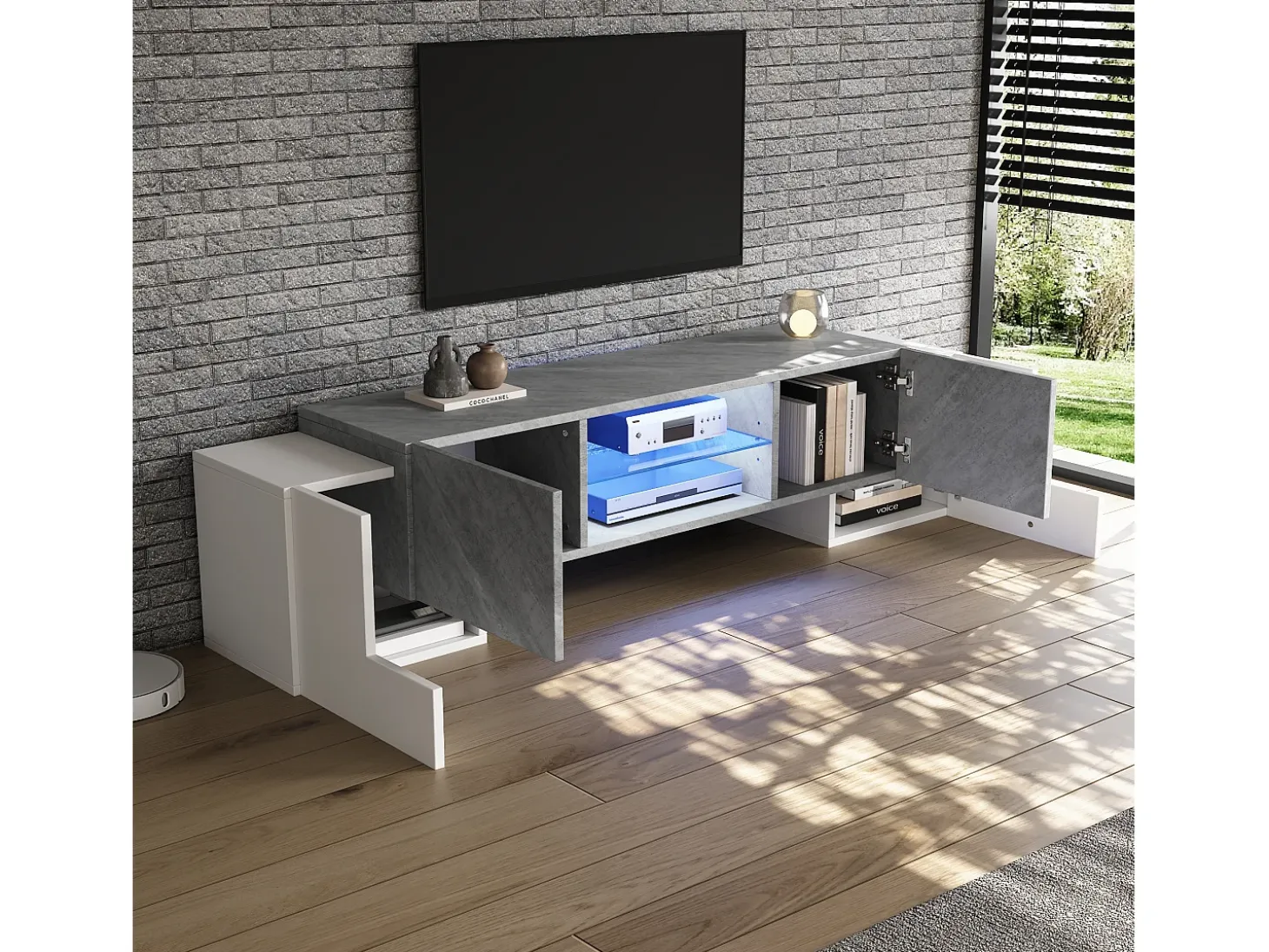 Mueble para TV - con 4 puertas - con iluminación LED - para televisores 80/75/70/65/55 pulgadas - blanco + gris