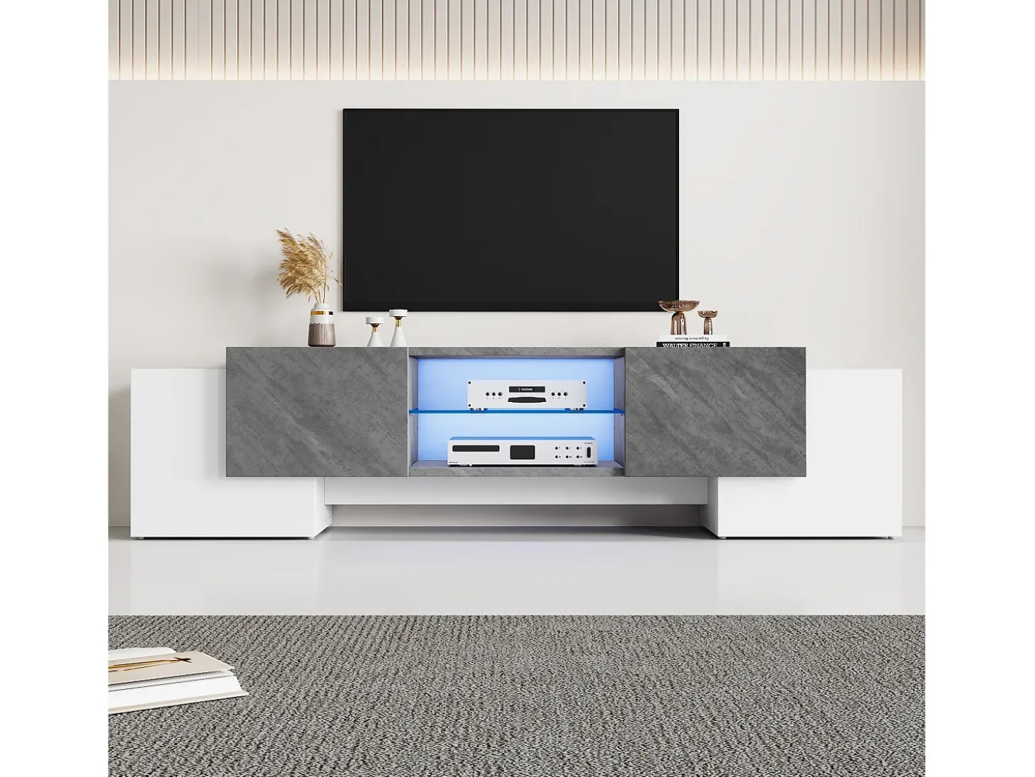 Mueble para TV - con 4 puertas - con iluminación LED - para televisores 80/75/70/65/55 pulgadas - blanco + gris
