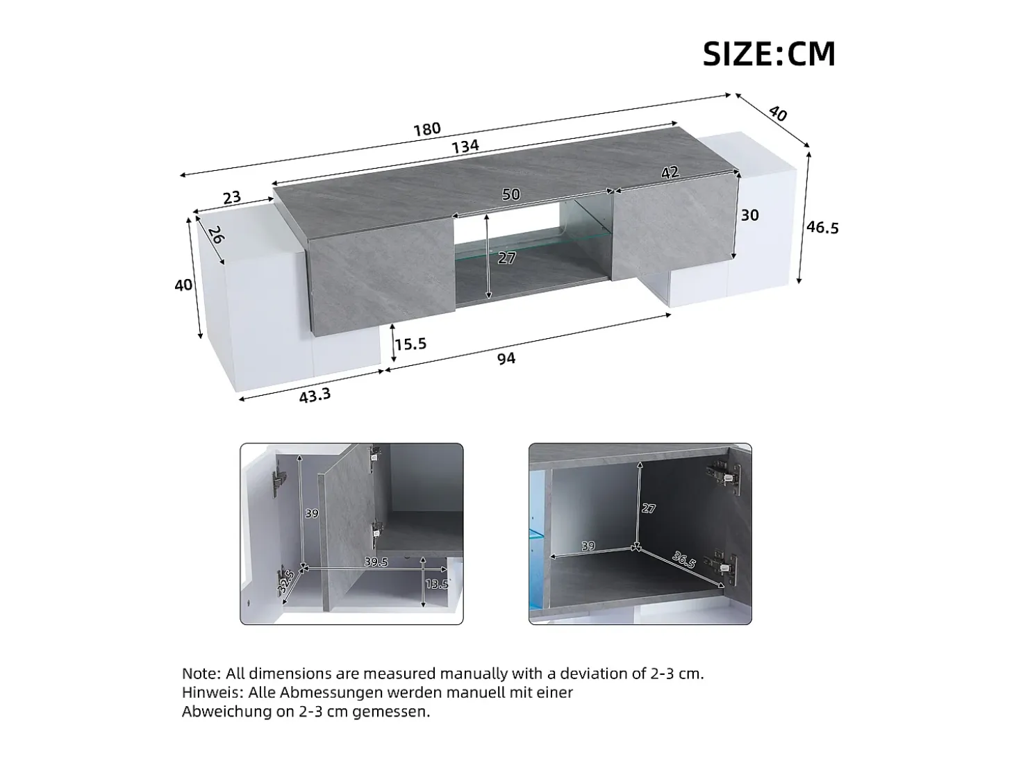 Mueble para TV - con 4 puertas - con iluminación LED - para televisores 80/75/70/65/55 pulgadas - blanco + gris