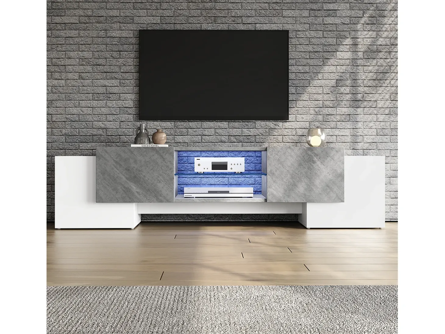 Mueble para TV - con 4 puertas - con iluminación LED - para televisores 80/75/70/65/55 pulgadas - blanco + gris