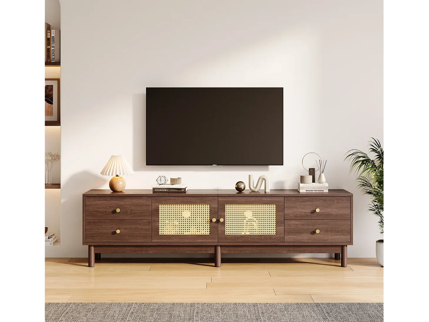 Mueble para TV - con 2 puertas de ratán y 4 cajones - apto para televisores de hasta 80" - Marrón