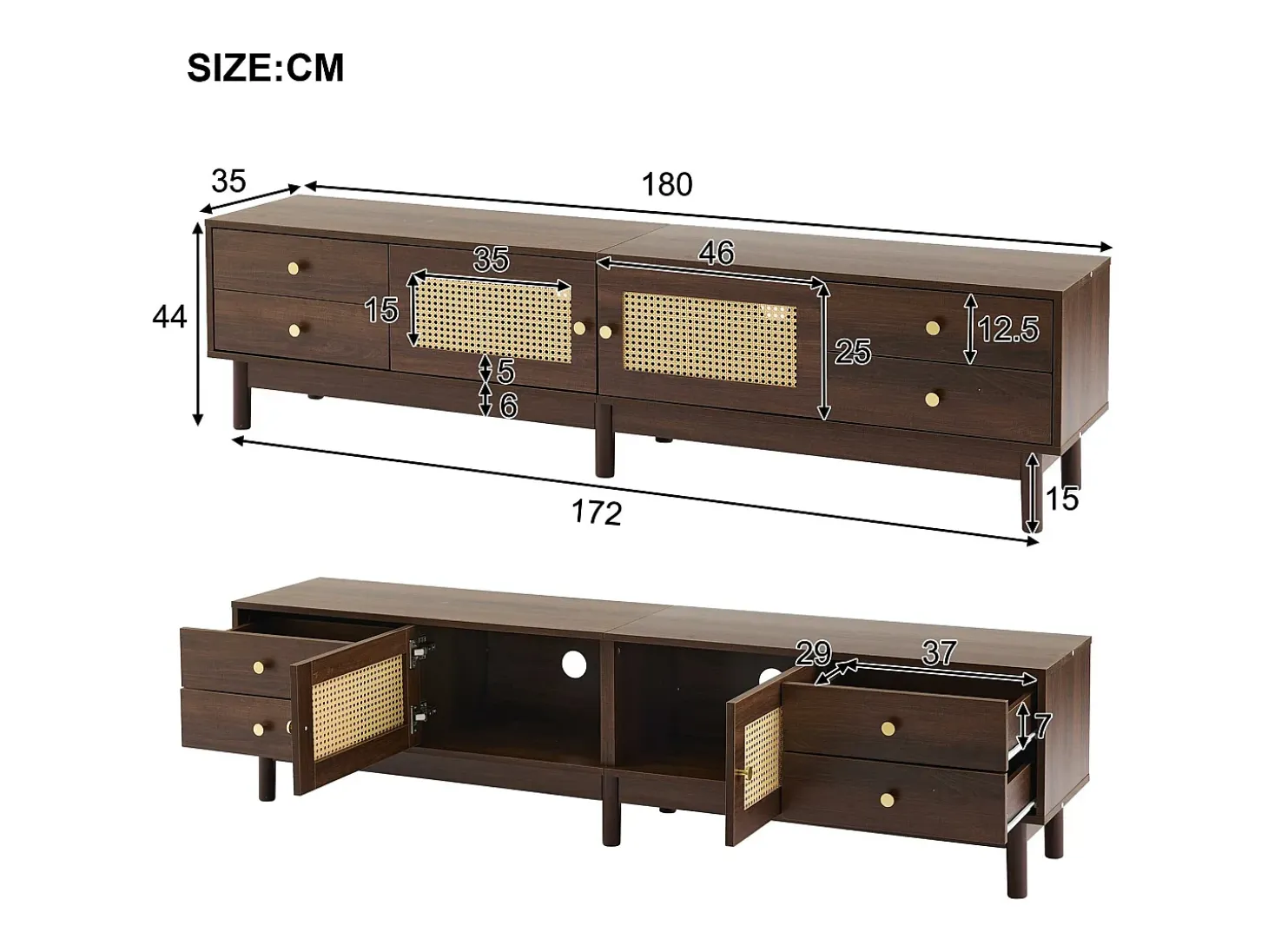 Mueble para TV - con 2 puertas de ratán y 4 cajones - apto para televisores de hasta 80" - Marrón
