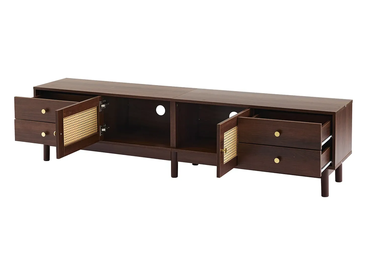 Mueble para TV - con 2 puertas de ratán y 4 cajones - apto para televisores de hasta 80" - Marrón