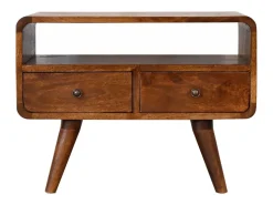 Mueble para TV Mini curvado en castaño de Artisan Furniture, 2 cajones, 1 estante abierto, marrón