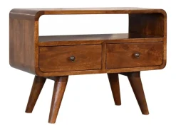 Mueble para TV Mini curvado en castaño de Artisan Furniture, 2 cajones, 1 estante abierto, marrón