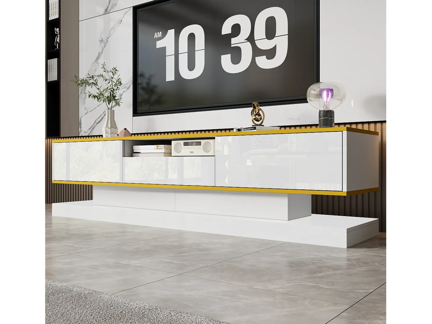 Mueble para TV moderno 180×38×45 cm - con tres cajones - con un compartimento abierto - con iluminación LED - blanco