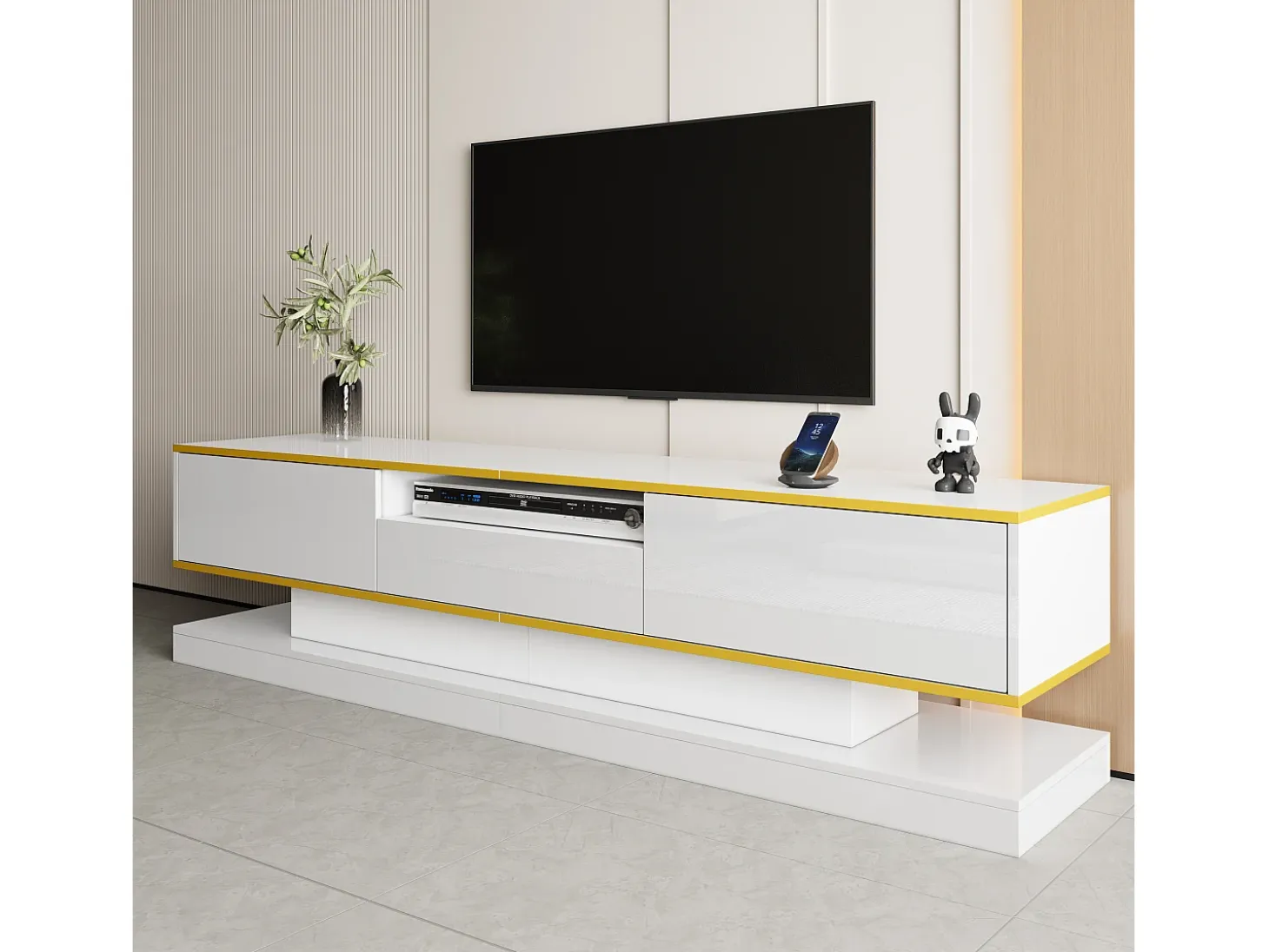 Mueble para TV moderno 180×38×45 cm - con tres cajones - con un compartimento abierto - con iluminación LED - blanco