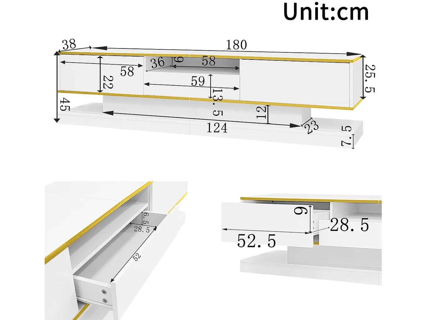 Mueble para TV moderno 180×38×45 cm - con tres cajones - con un compartimento abierto - con iluminación LED - blanco