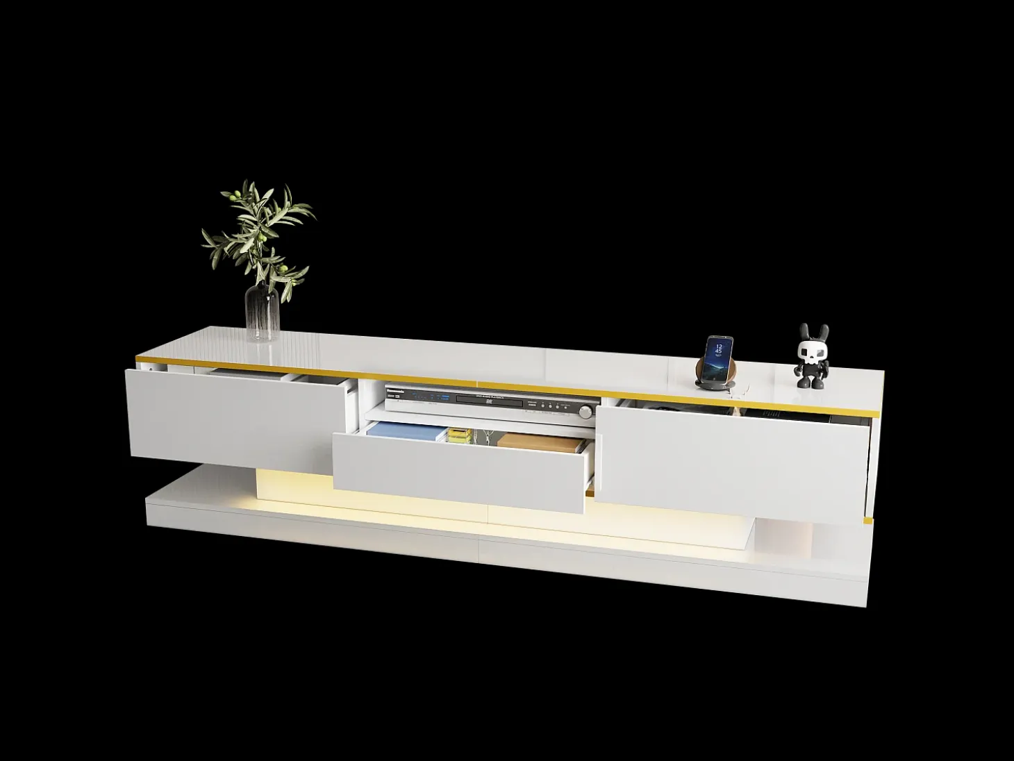 Mueble para TV moderno 180×38×45 cm - con tres cajones - con un compartimento abierto - con iluminación LED - blanco
