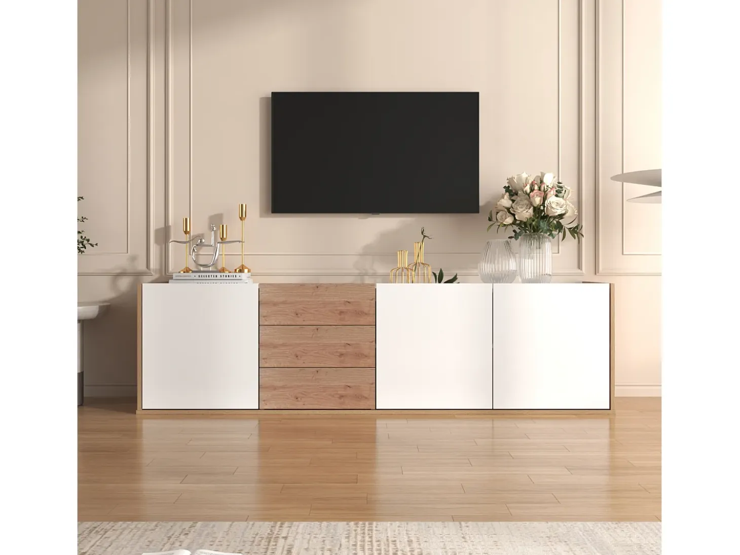 Mueble para TV suspendido o mueble para TV con 3 cajones y 3 puertas - 171,5 L x 35 W x 47 H cm - Tablero de partículas - Blanco + natural