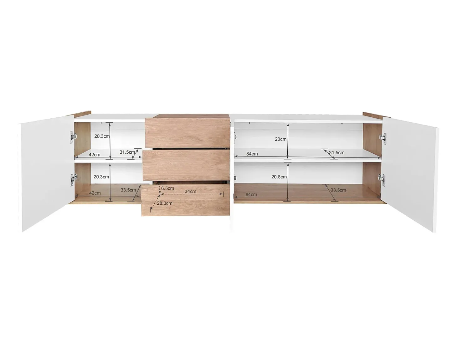 Mueble para TV suspendido o mueble para TV con 3 cajones y 3 puertas - 171,5 L x 35 W x 47 H cm - Tablero de partículas - Blanco + natural