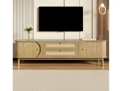Mueble para TV 170x40x46 cm - 2 cajones y 2 puertas - grano de madera natural + Ratán - MDF - Natural