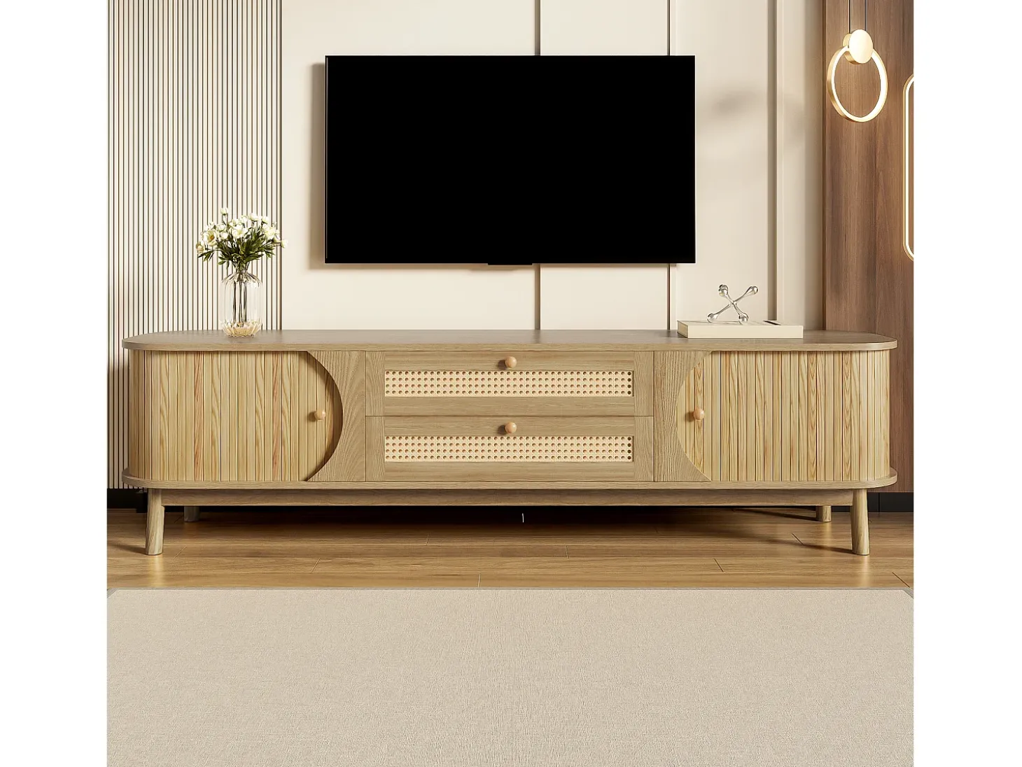 Mueble para TV 170x40x46 cm - 2 cajones y 2 puertas - grano de madera natural + Ratán - MDF - Natural