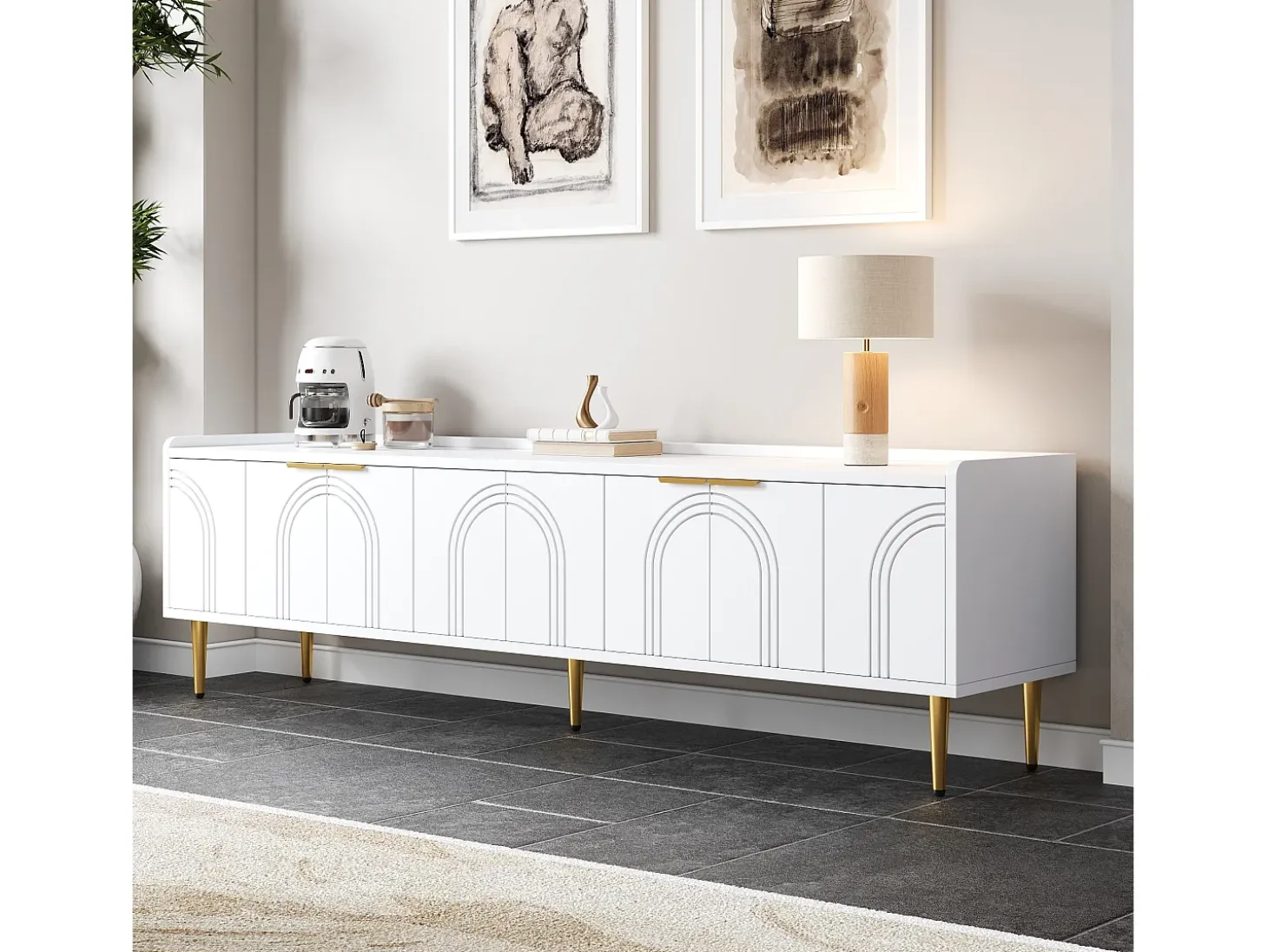 Mueble para TV 170x35x47,5 cm - 4 puertas - con estantes - Patas de metal - MDF - Blanco