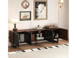 Mueble para TV 180x38x50 cm - con 4 puertas - aspecto madera - Puertas de alto brillo - MDF + paneles de partículas - Natural + negro