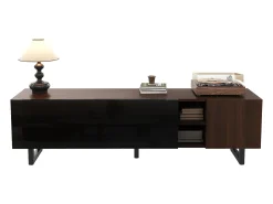Mueble para TV 180x38x50 cm - con 4 puertas - aspecto madera - Puertas de alto brillo - MDF + paneles de partículas - Natural + negro