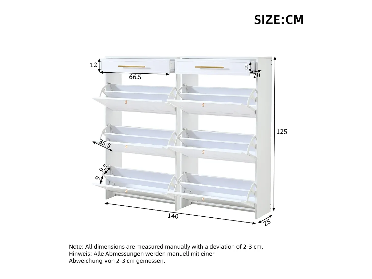 Mueble para zapatos 2 piezas 140x25x123,5 cm - 6 puertas abatibles y 2 cajones - 12 estantes - MDF - Blanco