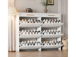 Mueble para zapatos 2 piezas 140x25x123,5 cm - 6 puertas abatibles y 2 cajones - 12 estantes - MDF - Blanco