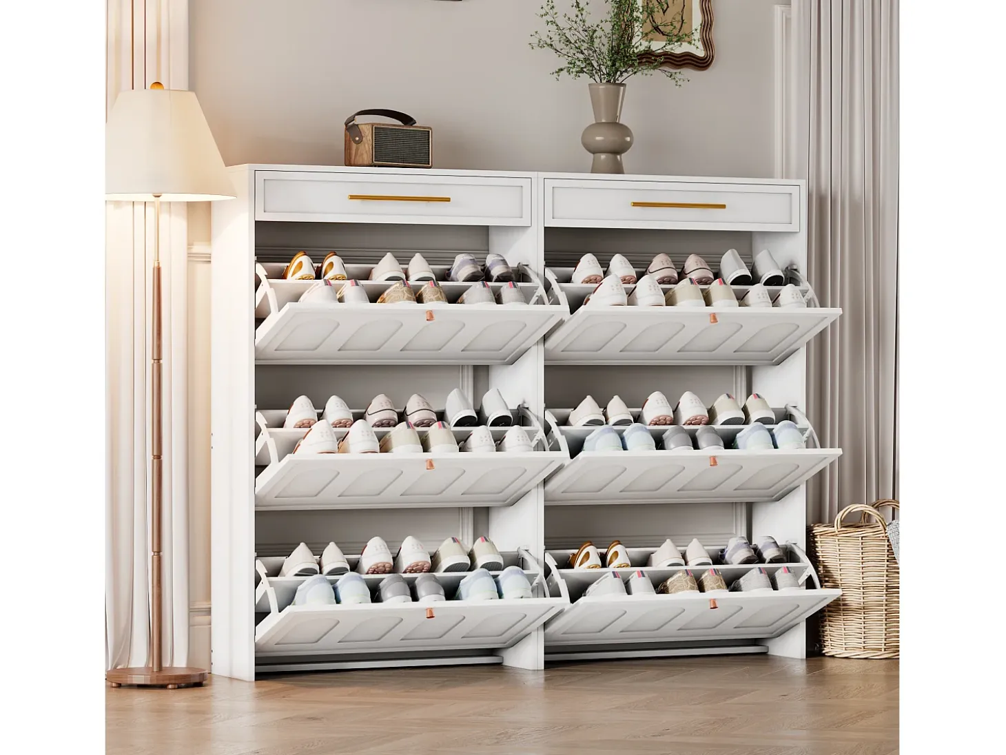 Mueble para zapatos 2 piezas 140x25x123,5 cm - 6 puertas abatibles y 2 cajones - 12 estantes - MDF - Blanco