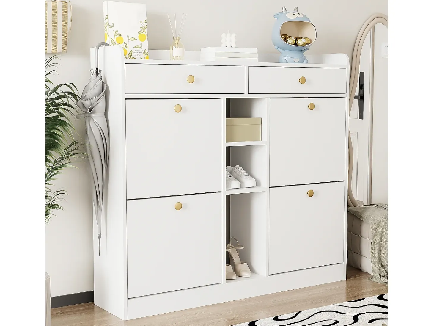 Mueble para zapatos 110 x 26 x 100 cm - con 4 puertas - 2 cajones - 3 compartimentos abiertos - blanco