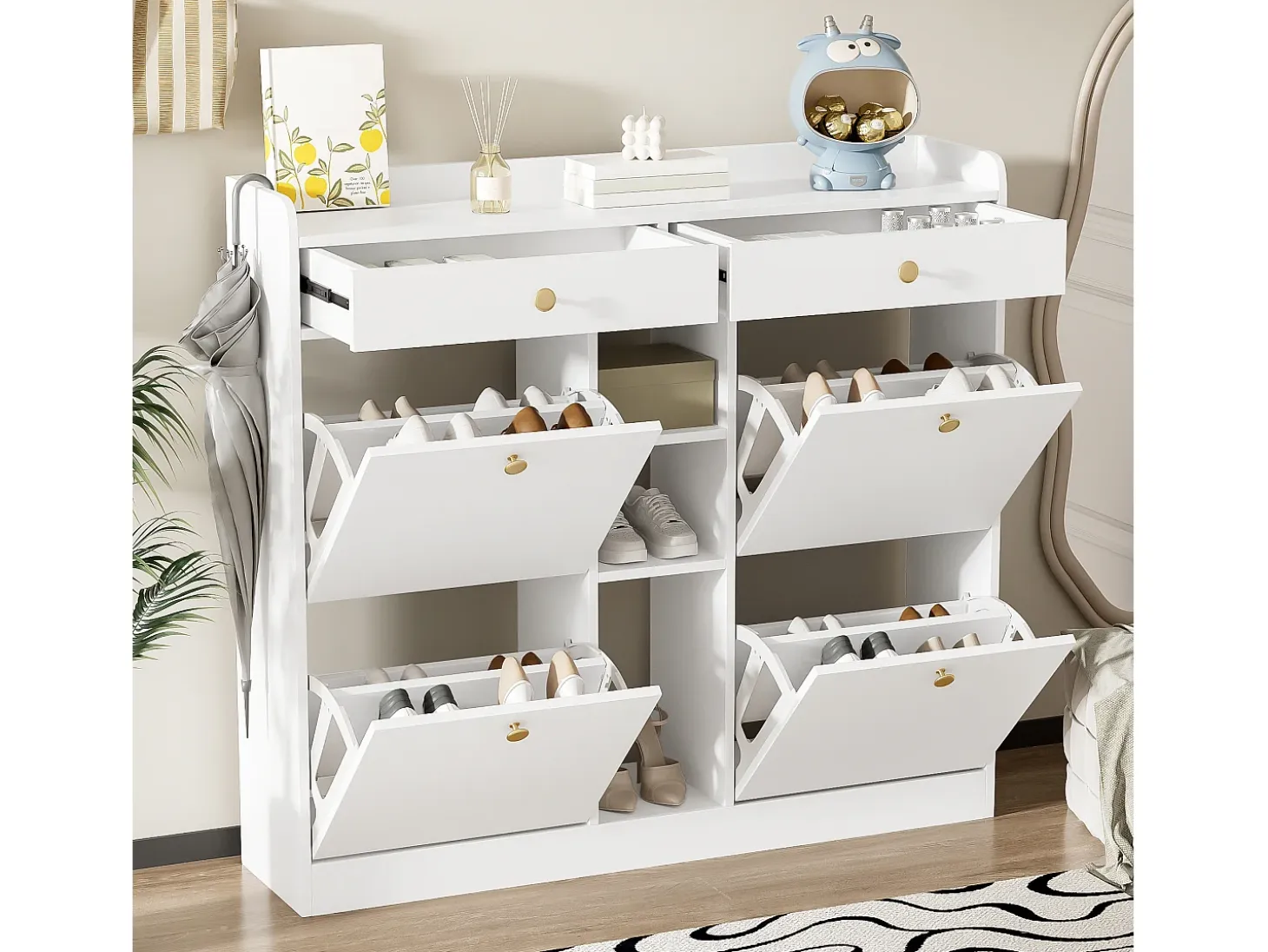 Mueble para zapatos 110 x 26 x 100 cm - con 4 puertas - 2 cajones - 3 compartimentos abiertos - blanco