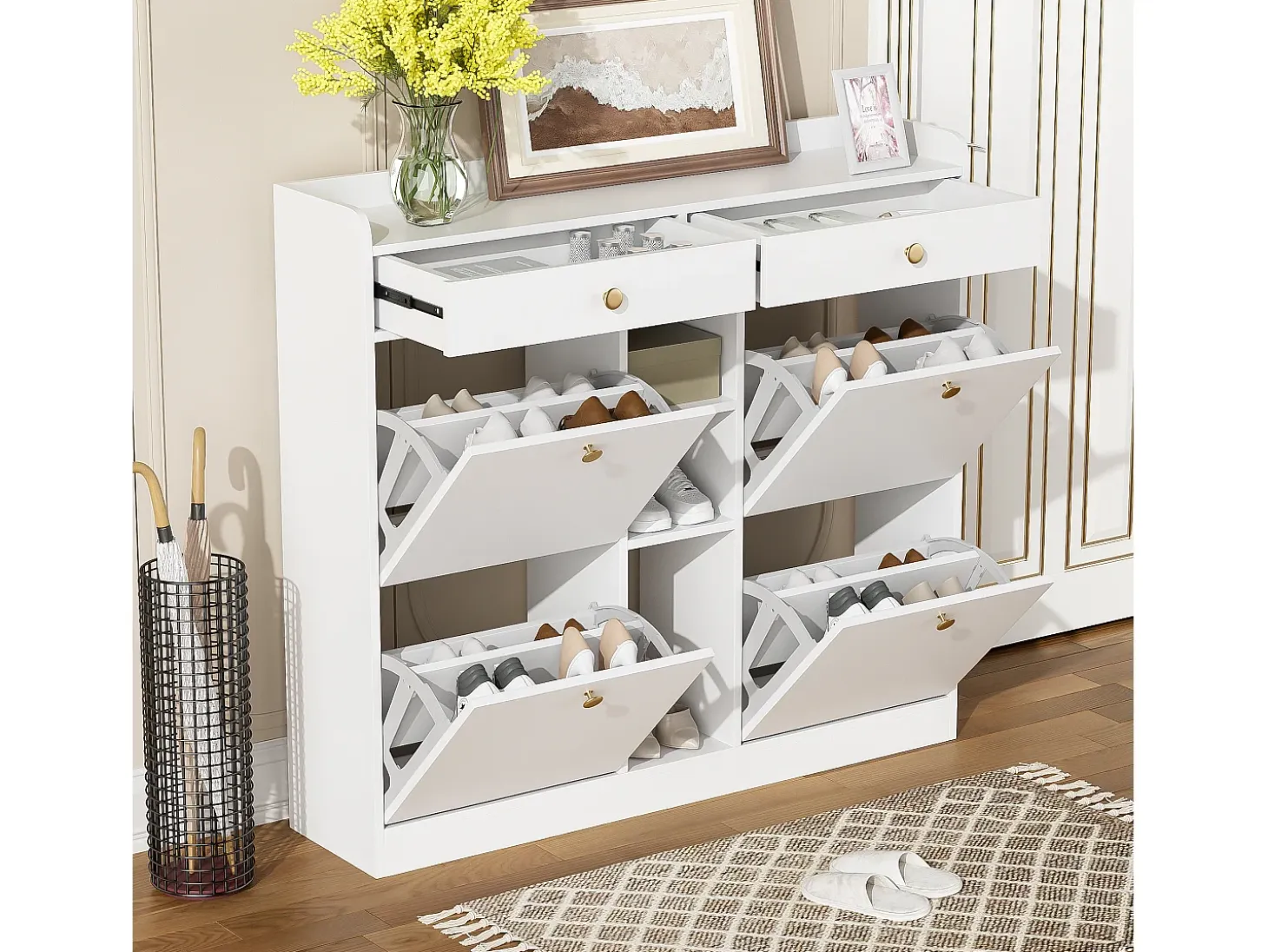 Mueble para zapatos 110 x 26 x 100 cm - con 4 puertas - 2 cajones - 3 compartimentos abiertos - blanco