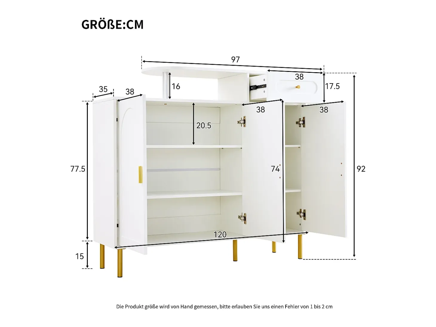 Mueble para zapatos 120 x 35 x 92 cm - 1 cajón + 3 puertas - patas de metal - Blanco